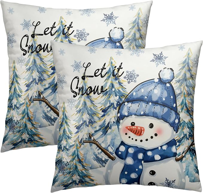 Winter Snowman Throw Pillow Covers Set of 2, 20x20 Inch Pine Trees Holiday Square Pillowcases for Living Room Bedroom Sofa Couch Patio Outdoor Home Decor