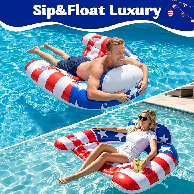 4th of July Inflatable Pool Float Chair with Cup Holder & Backrest - 2 Pack American Flag Pool Lounge Chairs for Summer, Pool, Lake & Beach, Reusable Floating Seat Pad for Adults