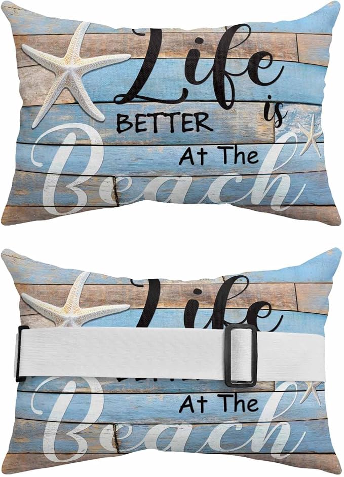 Beach Life with Starfish Outdoor Head Pillows for Recliner Lounge Chair,Pack of 1 Waterproof Throw Pillow Cushion Cases with Insert&Elastic Strap,Vintage Wooden Plank Neck Pillow for Patio Beach
