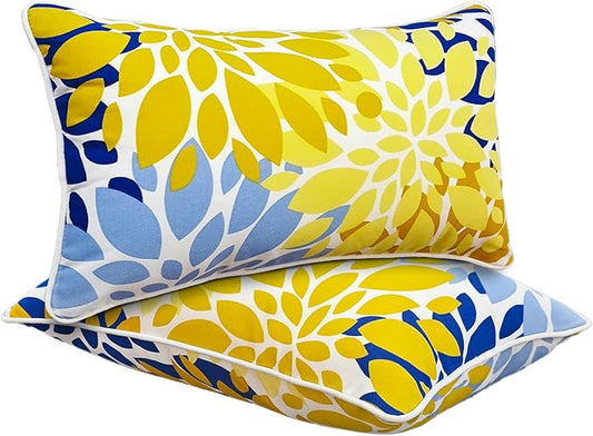 JMGBird Yellow Outdoor Pillows Waterproof 12x20 Throw Pillows with Inserts | Blue & Yellow Pattern UV Fade Resistant Patio Cushions