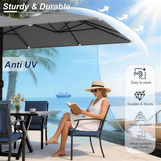 10 Pieces Patio Dining Set,Metal Outdoor Furniture Set Includes 13.6FT Grey Umbrella,Hole Cut-Out 78.7" x 35.4" Table and 8 Metal Backrest Chairs for Backyard,Garden,Navy