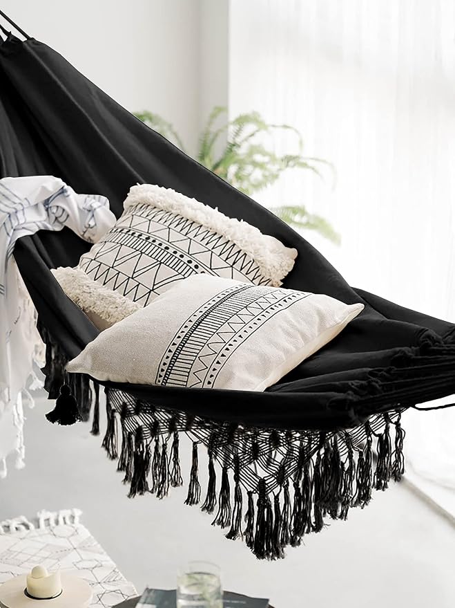 YFUG GO Double Sized Boho Macrame Black Hammock with Elegant Tassels and Fishtail Knitting 485Lbs Includes Tie Ropes and Black Drawstring Bag for Women