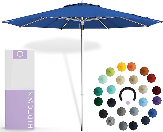 Midtown Umbrellas Push & Pop 9 Ft Patio Umbrellas with Push & Pop Mechanism, 8 Fiberglass Ribs & Sunbrella Fabric – Outdoor Umbrella for Deck, Pool, Cafés and Hotels – Dark Blue Canopy, Silver Pole