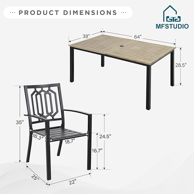 MFSTUDIO Outdoor Dining Set for 6, Metal Patio Dining Set for Deck Backyard Poolside Garden, 7 Piece Patio Table and Chairs Set with Umbrella Hole