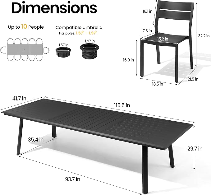 13-Piece Aluminum Outdoor Dining Set with Stackable Armless Chairs | 116" Extra Large Rectangular Patio Table Rust Proof Furniture for Family Gatherings BBQs Parties, Black