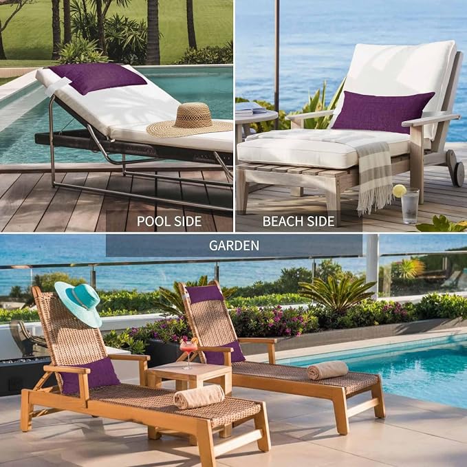 Dark Purple Outdoor Lumbar Pillows 12x20 Set of 2, Farmhouse Burlap Solid Brown Color Modern Linen Texture Waterproof Throw Pillow Covers with Insert, Decorative Support Pillows for Lounge, Chaise