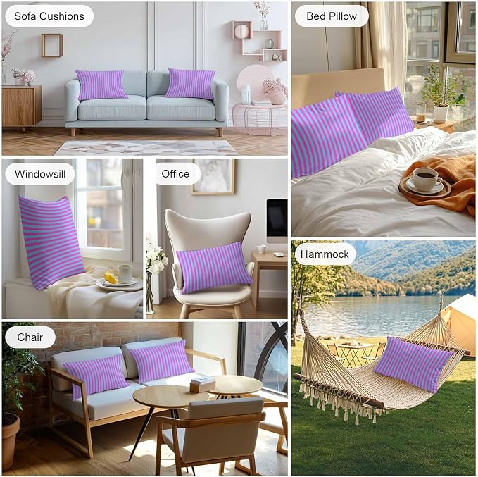 Lumbar Pillow Covers 20x12 Inch Set of 2, Purple Striped Waterproof Outdoor Cushion Covers, Geometric Pink Vertical Solid Rainbow Decorative Pillowcases for Couch, Sofa, Bed, Garden, Patio