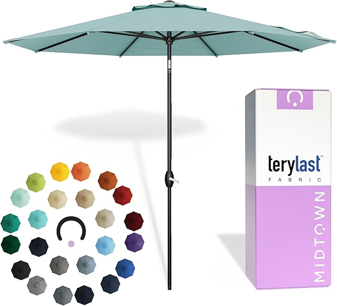 Midtown Umbrellas - 10-Year-No-Fade 9 Ft Patio Umbrella with Terylast Fabric, Auto-Tilt Aluminum Frame and 8 Reinforced Ribs for Deck, Pool, Garden & Beach - Aqua Canopy, Black Pole