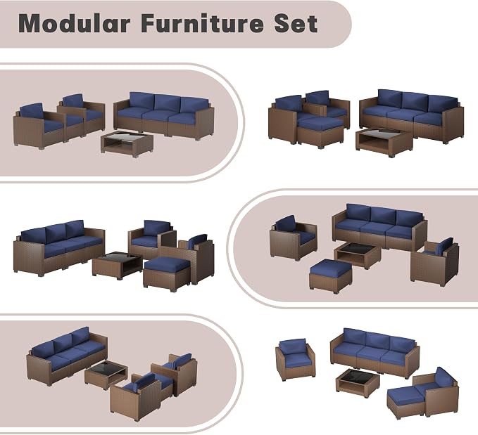 Patio Furniture Set 7 Pieces Conversation Set Wicker Outdoor Sectional Sofa,Ergonomic Armrests Couch with Cushion and Glass Table (Brown-Navy, 7 Piece-Double)