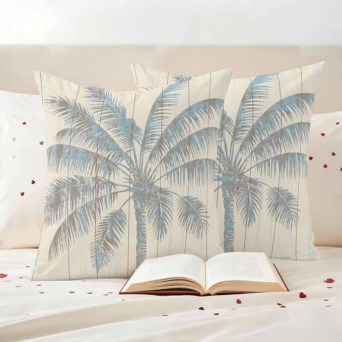 Pack of 2 Blue Beige Palm Tree Outdoor Pillow Covers Decorative, Summer Tropical Botanical Waterproof Pillow Protector, Vintage Throw Pillowcases Accent Cushion Cases for Patio Couch Sofa 26"x26"