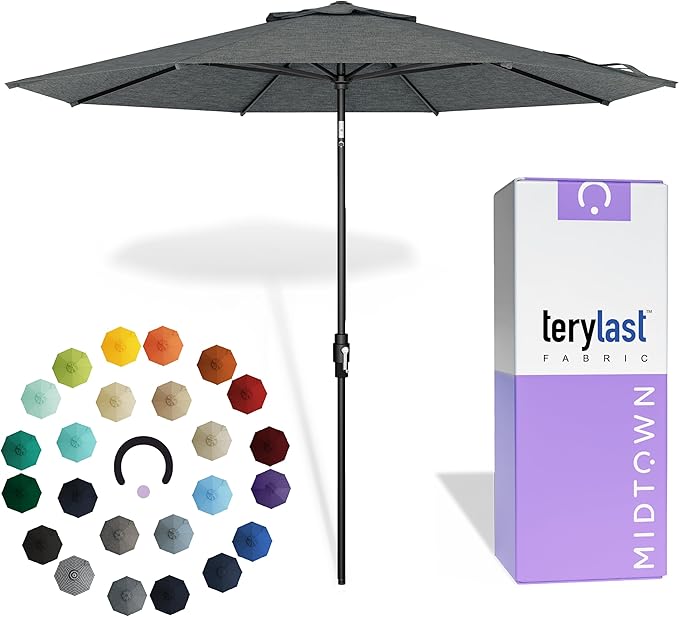 Midtown Umbrellas – The Swilt 10 Ft Patio Umbrellas with 360° Swivel & Tilt Mechanism, 8 Fiberglass Ribs & Terylast Polyester Fabric for Backyard, Deck, Pool & Cafes - Greige Canopy, Black Pole