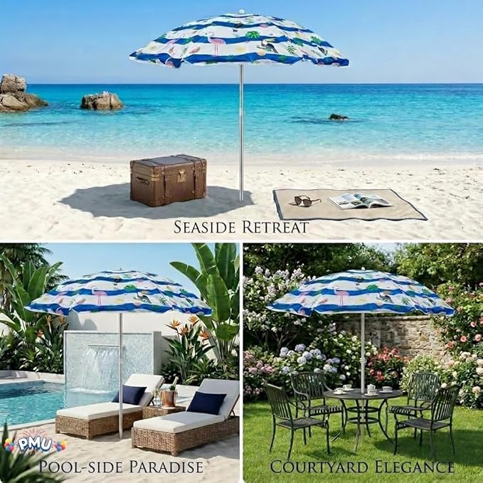 PMU 2 Pcs 6ft Tropical Beach Umbrella – Blue & White Stripes with Flamingo, Toucan & Leaf Print, 72in Open, 160G Polyester, Large Outdoor Patio Pool Parasol Umbrella for Garden, Deck, Backyard & Pool