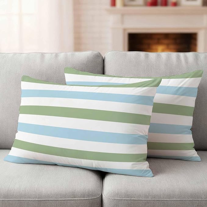 Sage Green Blue Striped Outdoor Pillow Covers 20x12 Inch Lumbar Pillow Covers Set of 2 Waterproof Decorative Throw Pillow Cases Farmhouse Sage Green Stripes Cushion Covers for Patio Furniture Garden