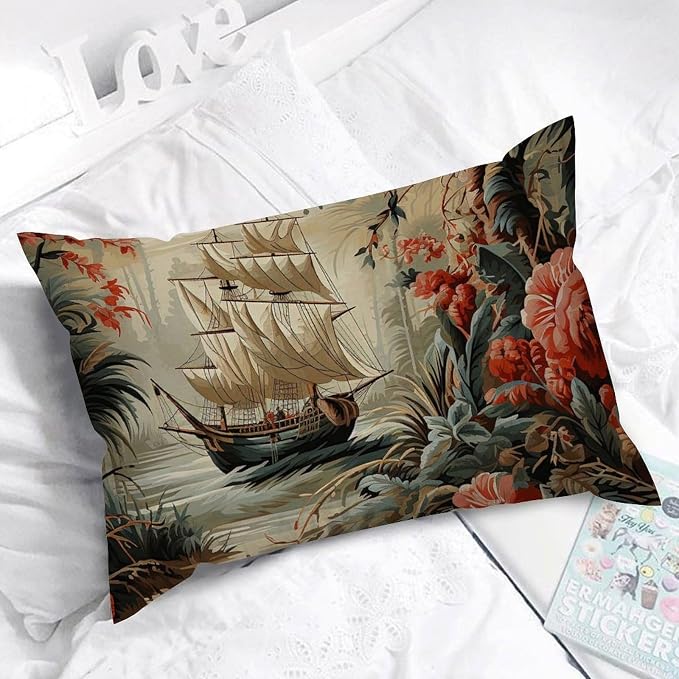 Lumbar Throw Pillow Cover Moore Manor Antique Chinoiserie Pillow Covers Abstract Vintage Boats and Flowers Pillow Cover Accent Decorative Cushion Cases Home Decor for Home Car 16x24in