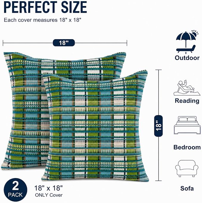 Indoor Outdoor Waterproof Throw Pillow Covers, Pack of 2 UV Fade Resistant Pillowcase Shell Cushion Sham for Garden Patio Tent Balcony Couch Sofa, 18 x 18 Inch (Bohemian Green)