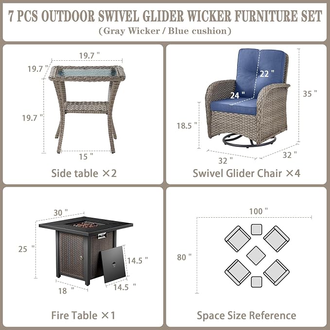 Belord 7 Piece Wicker Patio Furniture Set with 30" Fire Pit Table - Outdoor Swivel Rocker Chairs Set of 4 with Glass Side Tables Set of 2, Patio Conversation Set for Casual Gathering Gray/Blue