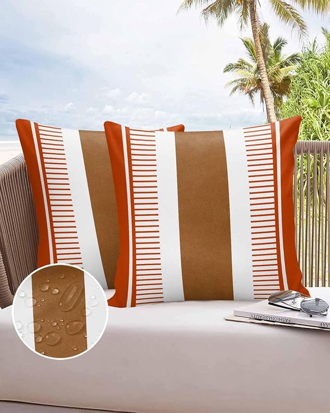 Outdoor Waterproof Throw Pillow Covers 24x24in, Boho Farmhouse Cushions for Garden Patio Furniture Chairs Set of 2, Modern Striped Textured Home Decor Couch Sofa Polyester Pillow Cases