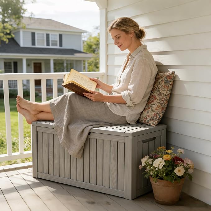 LubanNese Outdoor Storage Box, Waterproof Deck Box, Outdoor Patio Storage Bin, Weatherproof (Grey, 90 Gallon)