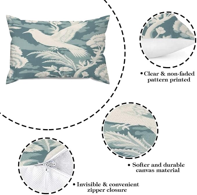 Zipped Pillow Cases for Home Decor Blue Turquoise and White Birds Plant Throw Pillow Cover Set of 2 Farmhouse Cushion Cover Cases for Living Room Club Home Decor 12x18in
