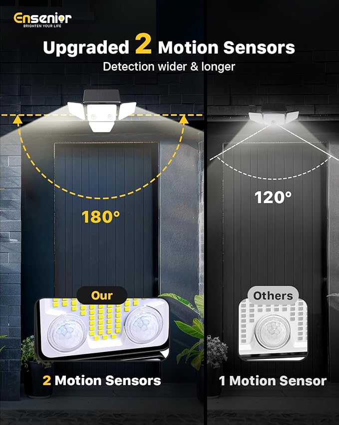 Ensenior Solar Lights Outdoor 2600LM, Motion Sensor Outdoor Light with Remote Control, IP65 Waterproof 279 LED 4 Heads Solar Security Light with 4 Mode, 270° Wide Angle Solar Flood Light, 2 Packs