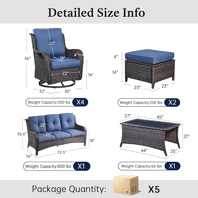 8 Piece High Back Wicker Patio Furniture Set - Patio Conversation Set with 4 Inch Thick Cushions and Deep Seating Swivel Glider Chairs Set of 4 & Outdoor Couch for Porch Deck Yard Pool