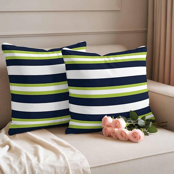 Green and Outdoor Waterproof Throw Pillow Covers Set of 2, 18"x18", Dark Blue Stripes Minimalist Abstract Striped Decorative Pillow Covers Outside Cushion Case for Patio Porch Garden