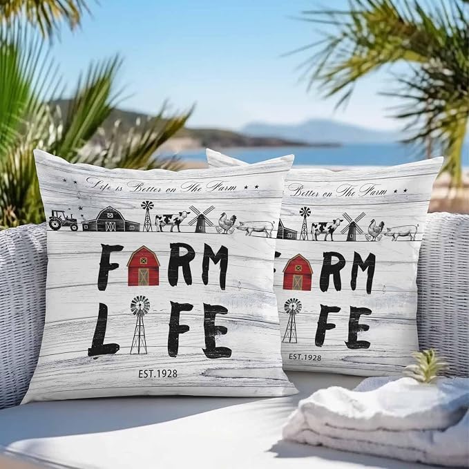 Outdoor Throw Pillows Covers 16x16 inch Set of 2 Waterproof Farm Life Decorative Zippered Cushion Covers for Patio Furniture, Farmhouse Barn Windmill Cow Chicken Tractor Wood Lumbar Pillowcases