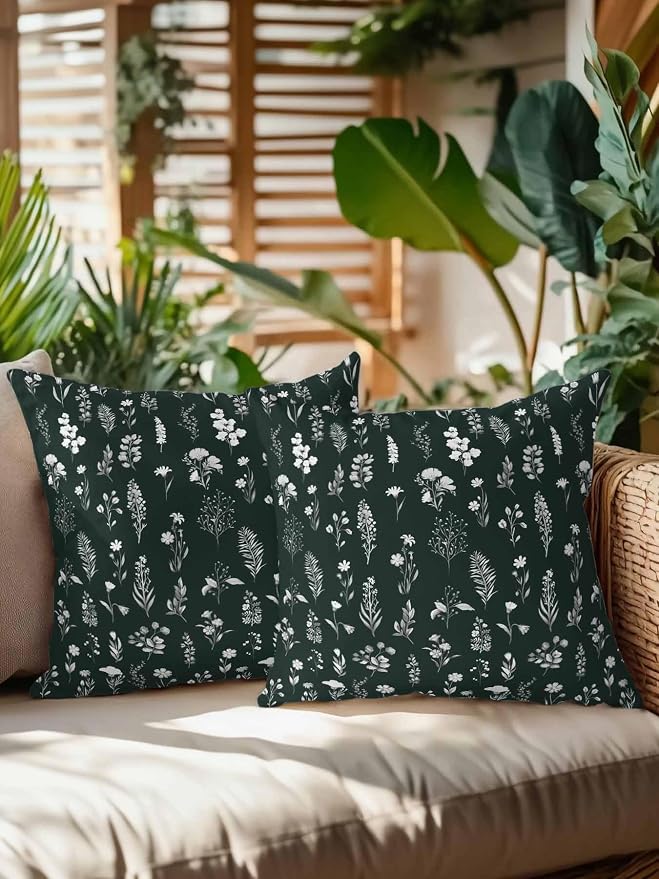 Outdoor Pillows with Inserts Set of 2 18x18, Dark Green Wildflowers Waterproof Outdoor/Indoor Throw Pillows, Farmhouse Botanical Garden Floral Decorative Pillow for Bed Couch Sofa Patio Furniture