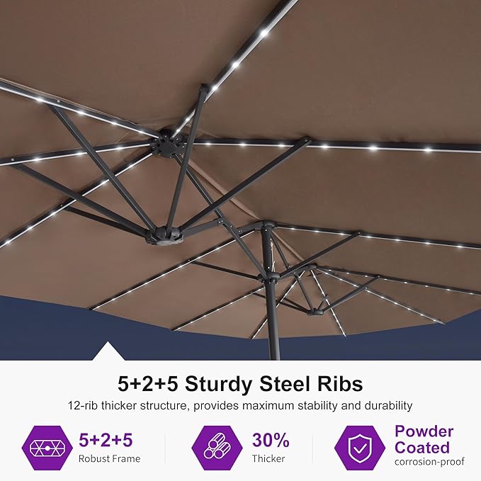 PURPLE LEAF 14ft Patio Umbrella with Solar Lights Outdoor Double-Sided Market Umbrella with Base Included Rectangle Table Umbrella for Pool Garden Backyard, Taupe