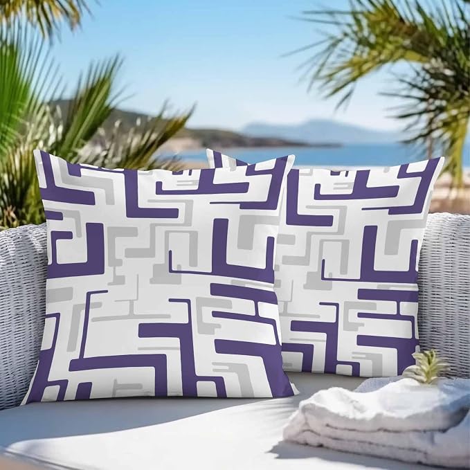 Vandarllin Outdoor Throw Pillows Covers 20x20 inch Set of 2 Waterproof Purple Geometric Stripes Decorative Zippered Cushion Covers for Patio Furniture, Modern Abstract Lines Lumbar Pillowcases