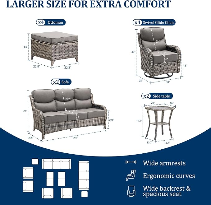 Luxury Swivel Rocker Chair Sofa Set with 6" Thick Cushions,12-Piece Wicker Patio Furniture Set with Ottoman,Outdoor Comfortable High Back Chair Patio Furniture Set - Gery | Gery