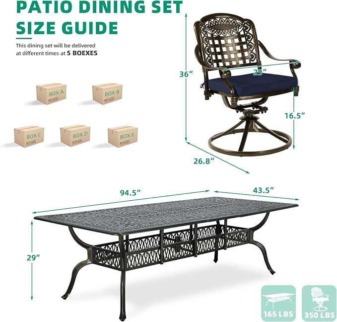 VIVIJASON 9-Piece Outdoor Dining Furniture Set, Cast Aluminum Patio Table & Chairs Set for 8, Include 94.5" Rectangular Dining Table and 8 Swivel Rocker Chairs with Umbrella Hole, Navy Blue Cushion