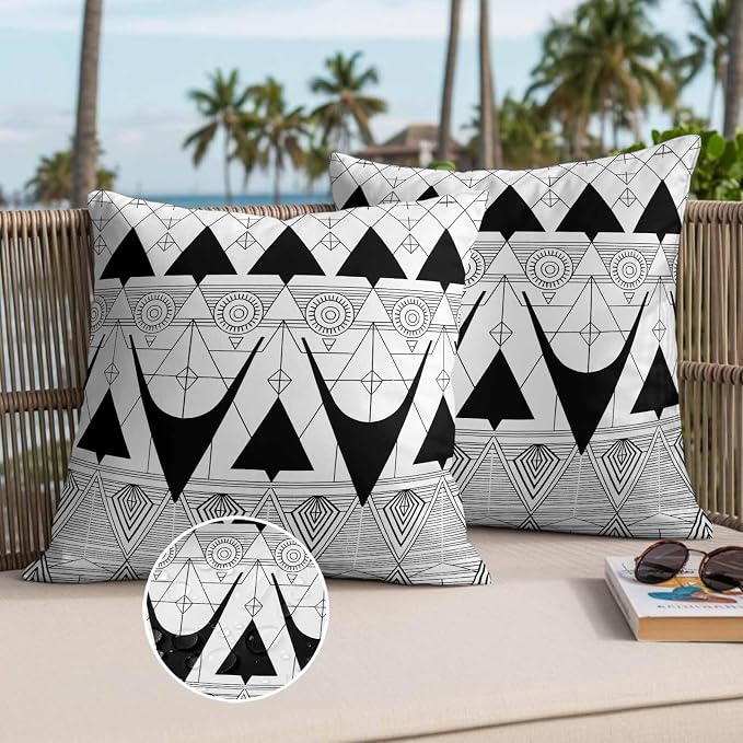 Throw Pillow Covers 20x20 Inch Set of 2, Black White Geometric Waterproof Outdoor Pillow Covers, Vintage Art Striped Decorative Cushion Pillowcases for Couch, Sofa, Bed, Garden, Patio