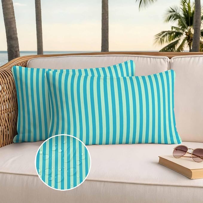 Lumbar Pillow Covers 20x12 Inch Set of 2, Modern Striped Waterproof Outdoor Cushion Covers, Geometric Abstract Minimalist Decorative Pillowcases for Couch, Sofa, Bed, Garden, Patio