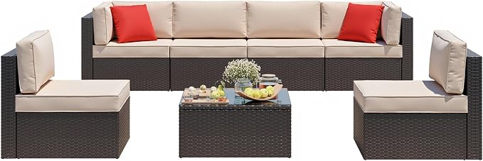 Vongrasig 7 Pieces Patio Furniture Sets, Outdoor Sectional Patio Sofa Set | All-Weather Patio Conversation Set PE Rattan Wicker Modular Couch with Coffee Table for Garden, Poolside, Backyard, Beige