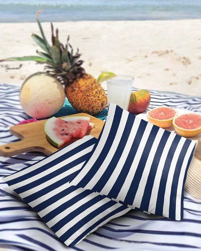 Outdoor Waterproof Throw Pillow Covers 24x24in, Striped Line Cushions for Garden Patio Furniture Chairs Set of 2, Navy Blue White Home Decor Couch Sofa Polyester Pillow Cases