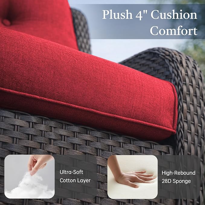 Outdoor Patio Furniture Set-5 Piece Outdoor Swivel Rocker Chairs with Ottomans Patio Furniture Set for Deck Balcony Poolside Backyard-Brown/Red