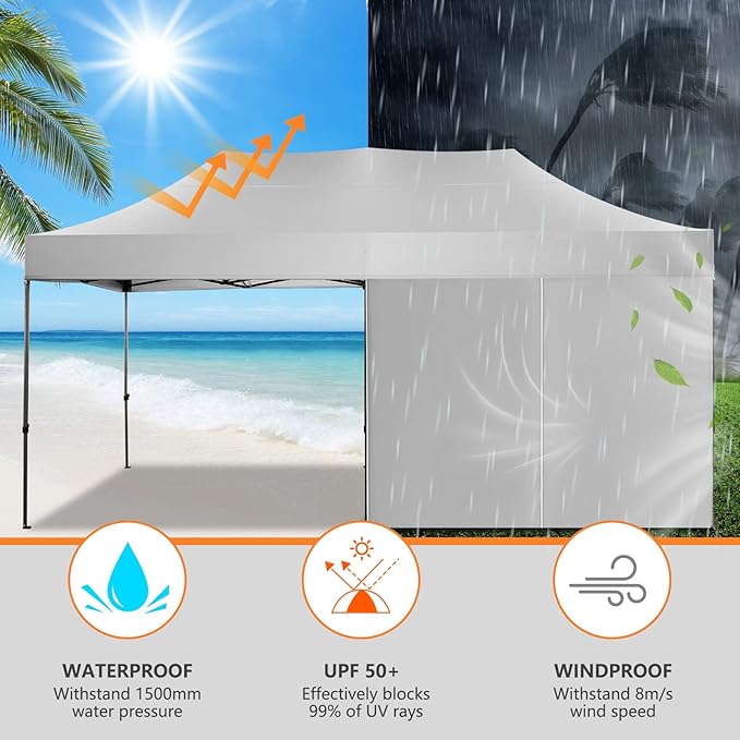 COBIZI 10x20 Pop up Canopy Tent Heavy Duty, Easy Set-up Commercial Outdoor Party Tent, 100% Waterproof Wedding Tents Gazebo, 3 Height Adjustable with Wheeled Bag, Clean White