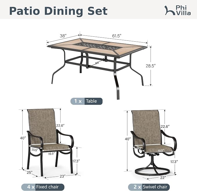PHI VILLA 7 Piece Outdoor Table and Chairs Set, 2 Swivel & 4 Fixed Patio Chairs and PVC Wooden-Like Table with Umbrella Holes, All Weather Patio Furniture Set for Deck Garden Yard