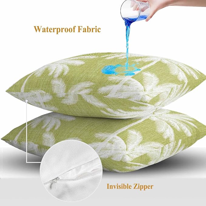 Outdoor Pillow Covers 24x24 Inch Set of 2, Yellow Palm Trees Waterproof Throw Pillow Covers, Farmhouse Tropical Summer Beach Decorative Cushion Pillowcases for Couch, Sofa, Bed, Garden, Patio
