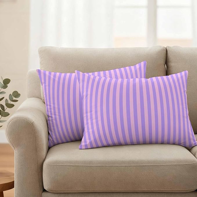 Lumbar Pillow Covers 20x12 Inch Set of 2, Purple Pink Waterproof Outdoor Cushion Covers, Geometric Vertical Striped Solid Rainbow Decorative Pillowcases for Couch, Sofa, Bed, Garden, Patio