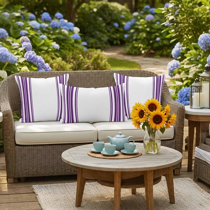Outdoor Waterproof Throw Pillow Covers Set of 2 Purple Stripes Pillowcases 20x20 Inches White Vertical Striped Decorative Pillows Cushion Case Patio Pillows for Couch Bed Chair Garden