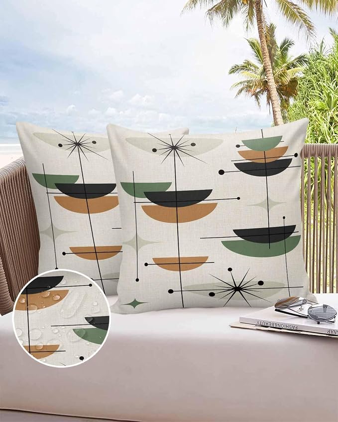 Vandarllin Outdoor Throw Pillows Covers 18x18 inch Set of 2 Waterproof Boho Mid Century Decorative Zippered Cushion Covers for Patio Furniture, Green Orange Geometric Abstract Lumbar Pillowcases