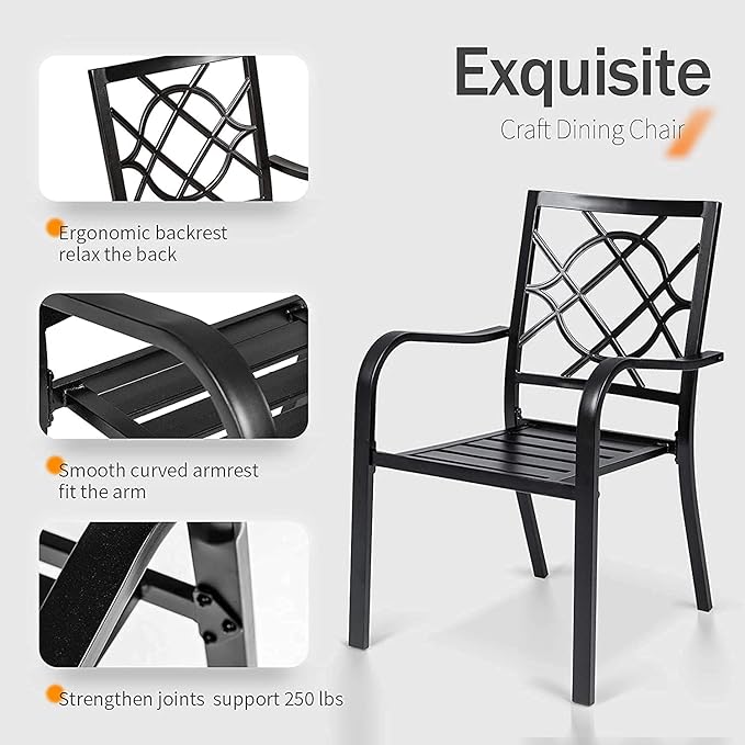 4 Pieces Outdoor Dining Chairs, Patio Bistro Wrought Iron Stackable Chairs with Armrest for Garden, Porch, Backyard, Black - Supports 250 lbs