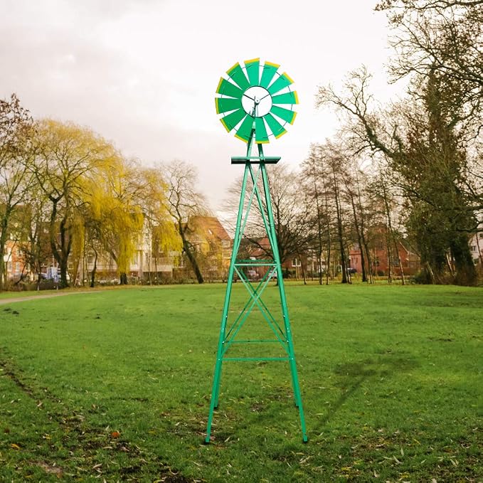 VINGLI Upgrade 8FT Ornamental Windmill Backyard Garden Decoration Weather Vane, Heavy Duty Metal Wind Mill w/ 4 Legs Design (Green)