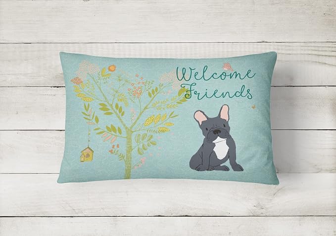 Caroline's Treasures BB7632PW1216 Welcome Friends Black French Bulldog Canvas Fabric Decorative Pillow Machine Washable, Indoor Outdoor Decorative Pillow for Couch, Bed or Patio, 12HX16W
