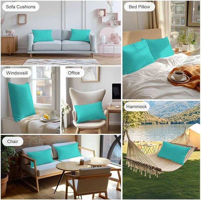Lumbar Pillow Covers 20x12 Inch Set of 2, Turquoise Waterproof Outdoor Cushion Covers, Modern Pure Turquoise Decorative Pillowcases for Couch, Sofa, Bed, Garden, Patio