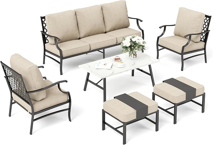 SUNSHINE VALLEY Patio Furniture Set, Modern Metal Outdoor Patio Furniture, 3 Seater Sofa, 2 Single Chairs, 2 Ottomans, Coffee Table and 5.75" Extra Thick Cushion, Patio Conversation Set for Backyard