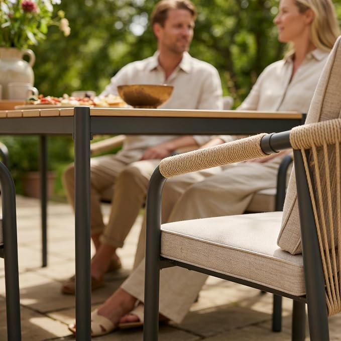SUNSITT 7 Piece Outdoor Patio Dining Set, Patio Dining Furniture Set with 70” Metal Dining Table w/WPC Tabletop and 6 Woven Rope Patio Chairs w/Curved Armrest for Garden, Beige