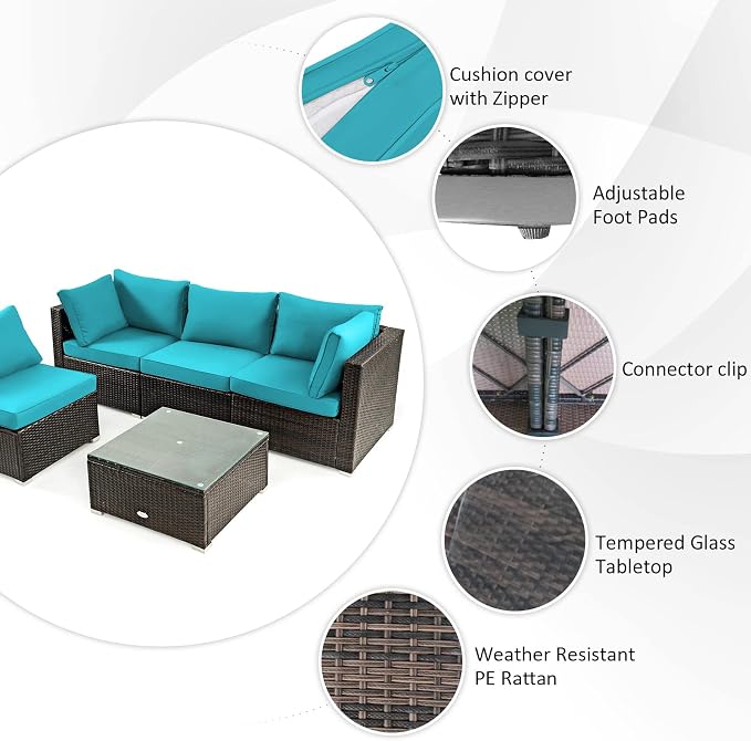 Tangkula 6-Piece Patio Furniture Set with 42 Inches Propane Fire Pit Table, Outdoor Wicker Conversation Set with Cushions and Tempered Glass Coffee Table, 50,000 BTU Gas Fire Pit Table (Turquoise)